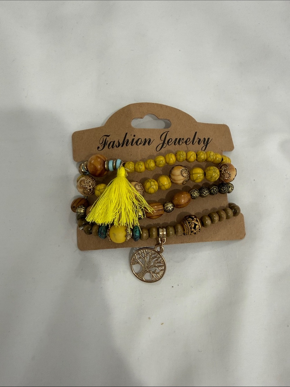 Fashion Jewelry Yellow Tassel Multi-Strand Beaded Bracelet with Tree Charm